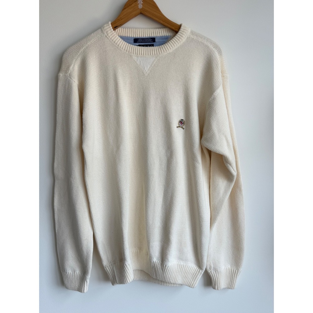 Tommy Hilfiger Sweater Cream Cotton Preppy Minimalist Crest Logo Mens L